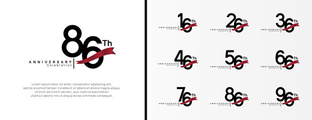 set of anniversary logo flat black color number and red ribbon on white background for celebration