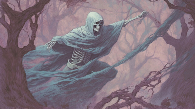 grim dark necromancer lich running in the woods - by generative ai