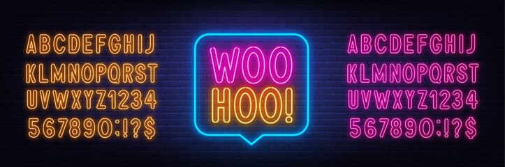 Woohoo neon sign in the speech bubble on brick wall background.