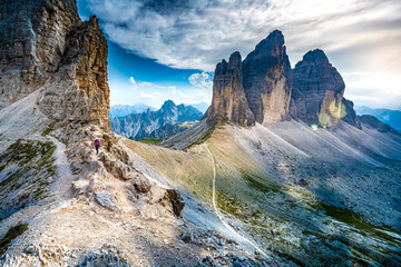 Scenic view from via ferrrata on Tre Cime in the evening. Tre Cime, Dolomites, South Tirol, Italy, Europe.
