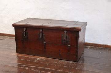 Detail of an old wooden trunk chest