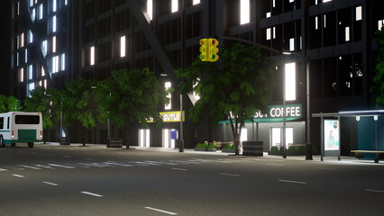 Fototapeta premium Modern town with tall buildings and office spaces in urban business district, city lights flickering at night. Metropolis structure and architecture, downtown. 3d render animation.