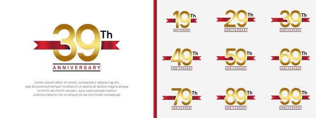 set of anniversary logo golden color number and red ribbon on white background for celebration