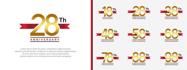 set of anniversary logo golden color number and red ribbon on white background for celebration