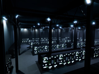 Obraz premium Futuristic server room with storage for supercomputer system and hardware, internet security. Big data center with digital infrastucture, render farm cloud computing. 3d render animation.