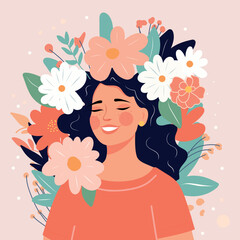 Poster for International Women's Day. Beautiful female portrait. Long hair with spring flowers. Cute holiday card. Flowers in the hair. Vector graphics