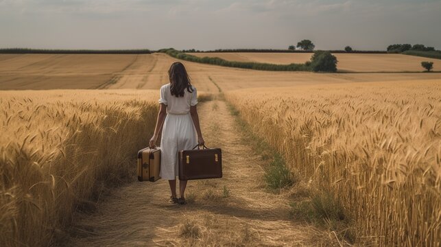 Back view of a woman wearing a white dress and jacket, clutching a suitcase, standing beside a rural road that winds through a golden wheat field.