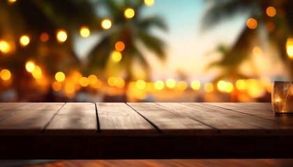 Summer holiday back drop. Wooden table in focus blurred backdrop