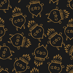 Seamless pattern with boiling magic cauldron. Hand drawn vector illustration.