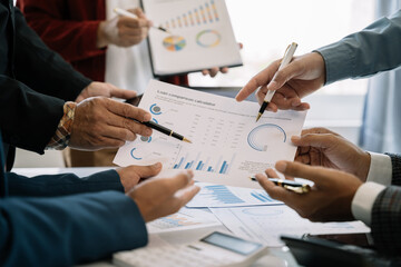 Business team present. professional investor working new start up project. tablet laptop computer with digital marketing media  in virtual icon design Finance managers meeting.