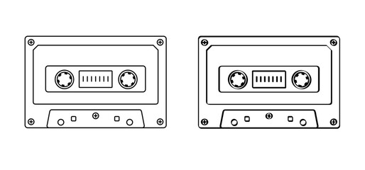 Cartoon plastic old audio record cassette. Drawing cassette tape symbol or icon. Retro music tape cassette, 1970s, 1980s style. For free copy. Music audio record from 70s, 80s, 90s hits, mixtape.