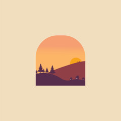Fototapeta na wymiar Vector illustration design of a scene before sunset, it contains elements of houses, hills, fir trees and sun.