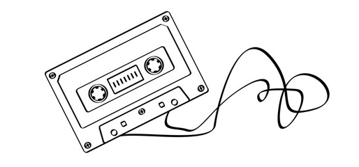 Cartoon plastic old audio record cassette. Drawing cassette tape symbol or icon. Retro music tape cassette, 1970s, 1980s style. For free copy. Music audio record from 70s, 80s, 90s hits, mixtape. © MarkRademaker