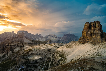 Vanilla atmosphere viewed from Sextner Stein on Dolomites in the evening. Tre Cime, Dolomites, South Tirol, Italy, Europe.