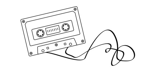 Cartoon plastic old audio record cassette. Drawing cassette tape symbol or icon. Retro music tape cassette, 1970s, 1980s style. For free copy. Music audio record from 70s, 80s, 90s hits, mixtape.