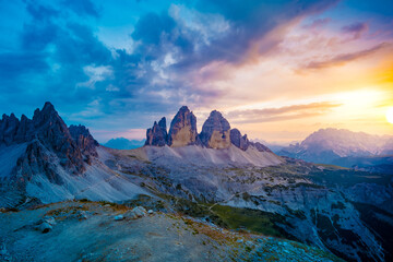 Obraz premium Vanilla atmosphere viewed from Sextner Stein on Dolomites in the evening. Tre Cime, Dolomites, South Tirol, Italy, Europe.