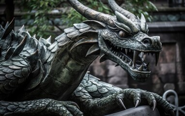 Chinese dragon statue at the temple. Generative AI.