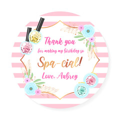 Birthday Thank you tag. Beautiful spa party favor card background decorated with makeup products. Vector illustration 10 EPS.
