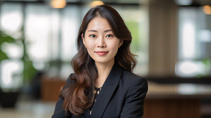 Naklejka premium Empowered Elegance: Confident Asian Businesswoman Smiling against Blurred Office Background