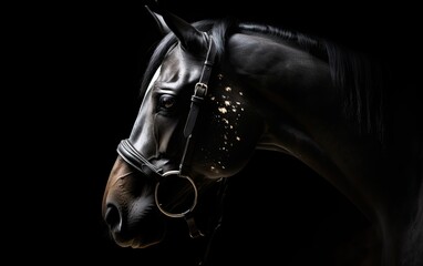 Fototapeta na wymiar Portrait of a horse in the dark. Generative AI.