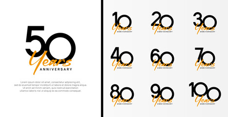 set of anniversary logo flat black color number and orange text on white background for celebration