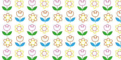 Colorful simple flowers seamless pattern doodle style. Kids floral repeating print. Childish summer background, texture for textile, fabric, wrapping. Flat graphic vector illustration