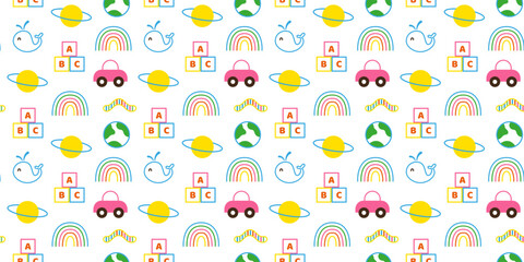 Colorful simple kids toys seamless pattern doodle style. Childish background, texture for textile, fabric, kids room, wrapping. Flat graphic vector illustration