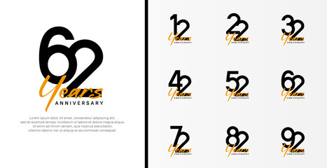 set of anniversary logo flat black color number and orange text on white background for celebration