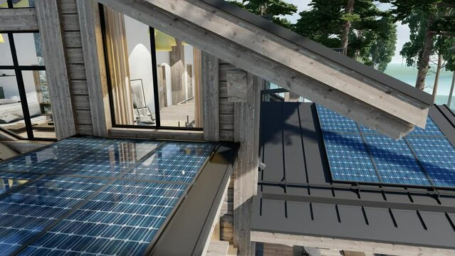 4K video rendering of installation Solar panels on the roof of modern cozy chalet with pool and parking for sale or rent. Beautiful forest mountains on background. 