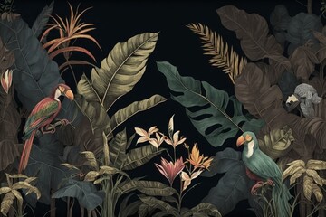 wallpaper palm tropical forest vintage jungle pattern with birds dark black background, Generative ai