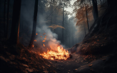 Obraz premium Fire in the forest. Generative AI technology.