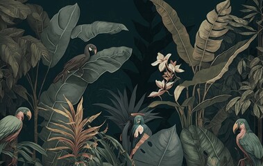 wallpaper palm tropical forest vintage jungle pattern with birds dark mood, Generative ai