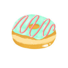 Donuts hand drawn illustration with different toppings chocolate mint green tea strawberry 