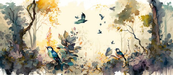 watercolor painting of a forest landscape with birds, butterflies and trees, Generative ai