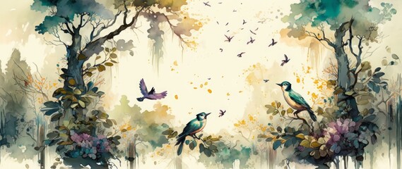 watercolor painting of a forest landscape with birds, butterflies and trees, Generative ai