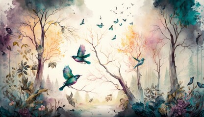 Obraz na płótnie Canvas watercolor painting of a forest landscape with birds, butterflies and trees, Generative ai