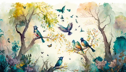 Abwaschbare Fototapete Schmetterlinge im Grunge watercolor painting of a forest landscape with birds, butterflies and trees, Generative ai