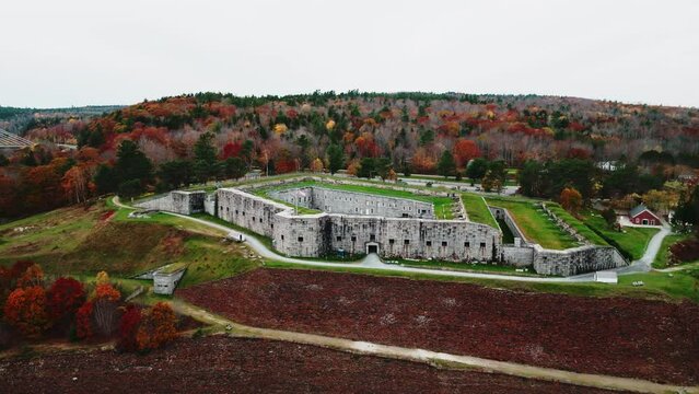 Aerial Drone Push-In View of Fort Knox Amidst Autumn Scenery, Maine