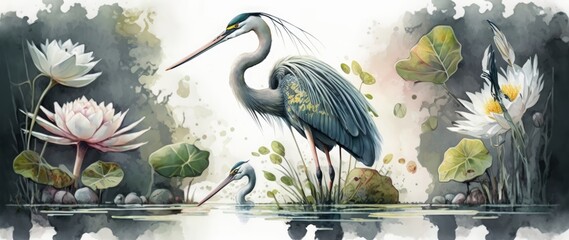 Watercolor wallpaper Digital drawing of a water heron with lotus plants in the lake for a natural view and quiet color, Generative ai