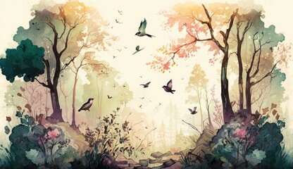 Obraz na płótnie Canvas watercolor painting of high quality forest landscape with birds, butterflies and trees, Generative ai