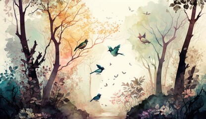 watercolor painting of high quality forest landscape with birds, butterflies and trees, Generative ai