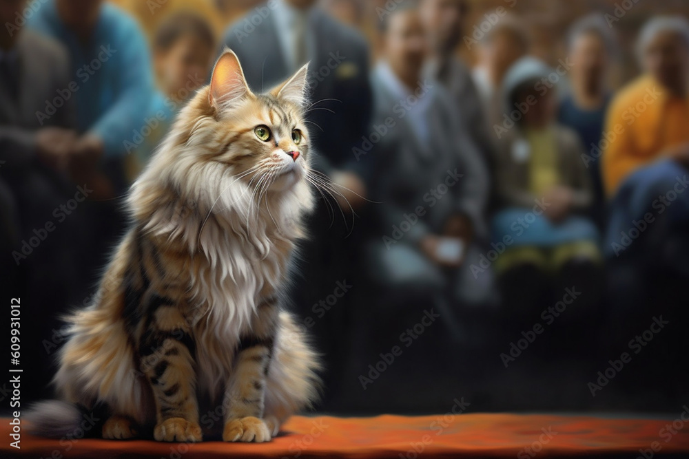 Poster a well-groomed show cat being admired by a judge in a cat show, highlighting the variety and beauty 