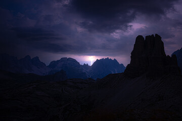 Thunder storm atmosphere viewed from Sextner Stein on Toblinger Knoten mountain range in the evening. Tre Cime, Dolomites, South Tirol, Italy, Europe.
