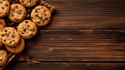 The aerial view of scrumptious Chocolate Chip Cookies arranged on a rustic wooden table. Generative AI