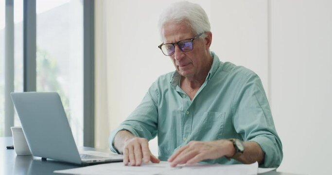 Elderly man, finance document and insurance paperwork for budget and retirement plan. Senior male person, desk and legal report reading and thinking with laptop and debt bills planning with glasses