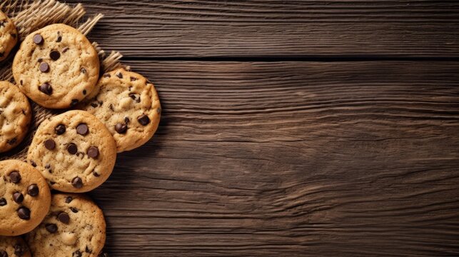 The aerial view of scrumptious Chocolate Chip Cookies arranged on a rustic wooden table. Generative AI