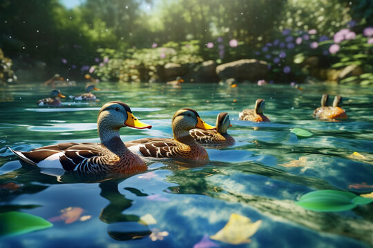 A group of ducks swimming in a pond, symbolizing the joy of backyard duck keeping and their entertaining behavior.  Generative AI technology.