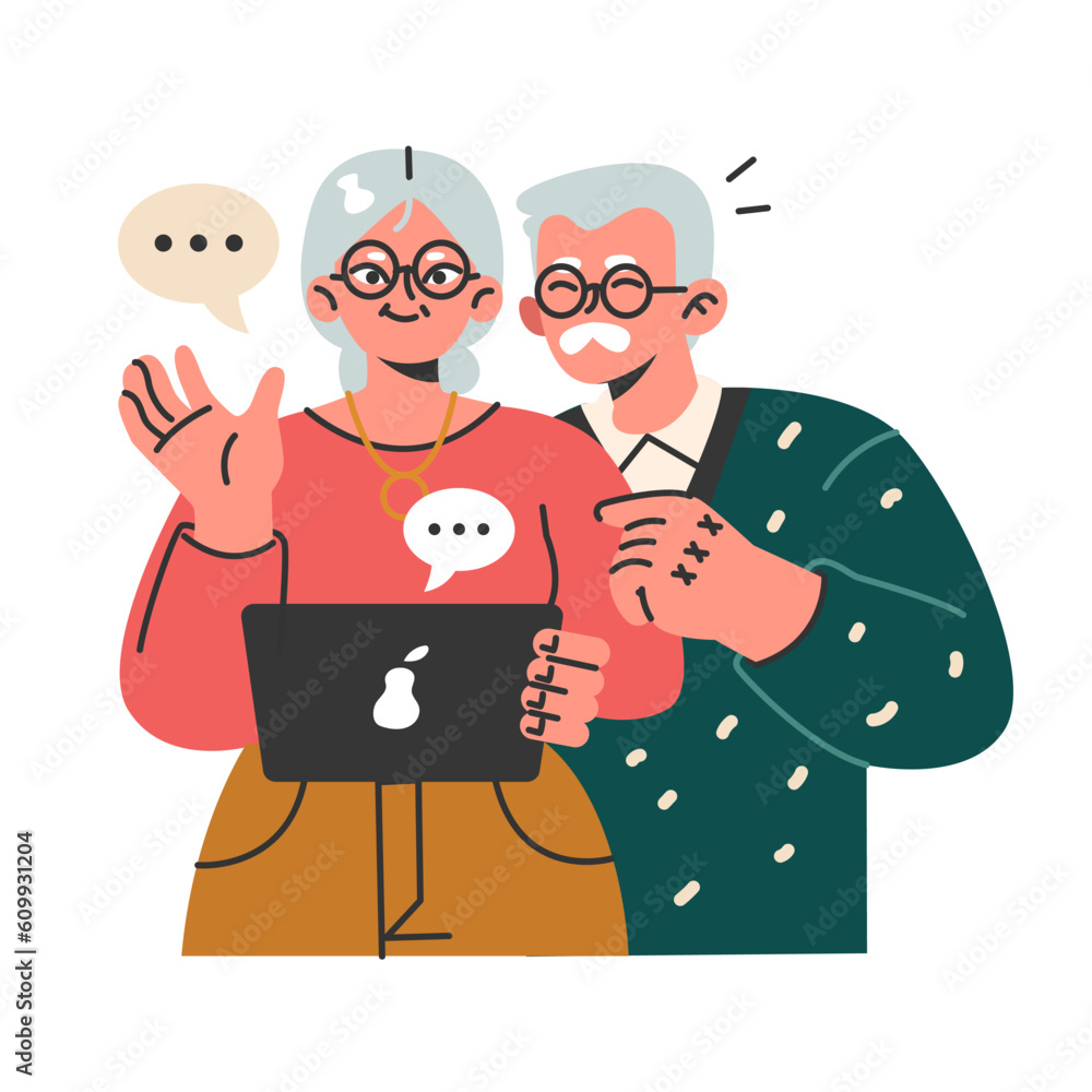 Aufkleber modern old characters using internet and computer. seniors confidently
