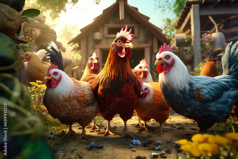 Aufkleber A group of chickens pecking around in a backyard coop, representing the rising trend of urban farming and sustainable egg production. Generative AI technology.