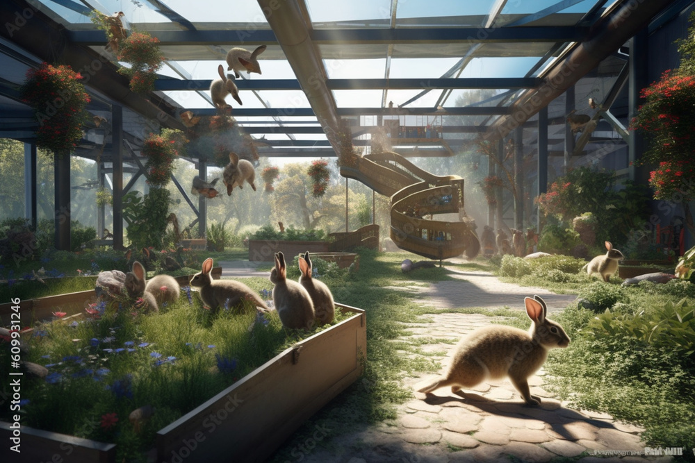 Poster a group of rabbits hopping and playing in a spacious enclosure, illustrating the trend of creating e